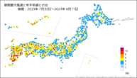 期間最大風速と年平年値との比の分布図