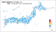 期間最大瞬間風速と年平年値との比の分布図