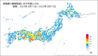 期間最大瞬間風速と年平年値との比の分布図
