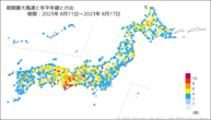 期間最大風速と年平年値との比の分布図