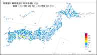 期間最大瞬間風速と年平年値との比の分布図