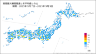 期間最大瞬間風速と年平年値との比の分布図