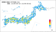 期間最大風速と年平年値との比の分布図