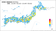 期間最大瞬間風速の年平年比の分布図