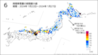 6時間降雪量の期間最大値の分布図