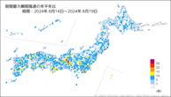 期間最大瞬間風速の年平年比の分布図
