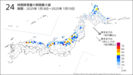 24時間降雪量の期間最大値の分布図