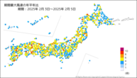 期間最大風速の年平年比の分布図