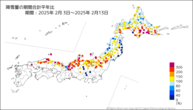 降雪量の期間合計平年比の分布図