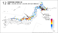 12時間降雪量の期間最大値の分布図