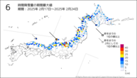 6時間降雪量の期間最大値の分布図