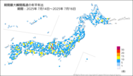 期間最大瞬間風速の年平年比の分布図