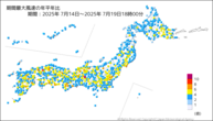 期間最大風速の年平年比の分布図