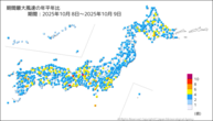 期間最大風速の年平年比の分布図