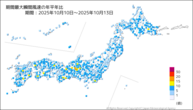 期間最大瞬間風速の年平年比の分布図
