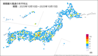 期間最大風速の年平年比の分布図