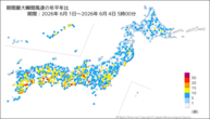 期間最大瞬間風速の年平年比の分布図