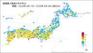 期間最大風速の年平年比の分布図