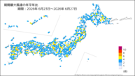 期間最大風速の年平年比の分布図
