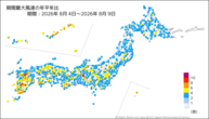 期間最大風速の年平年比の分布図