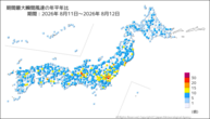期間最大瞬間風速の年平年比の分布図