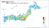 期間最大風速の年平年比の分布図