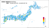 期間最大瞬間風速の年平年比の分布図