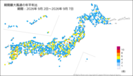 期間最大風速の年平年比の分布図