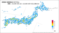 期間最大瞬間風速の年平年比の分布図