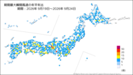 期間最大瞬間風速の年平年比の分布図
