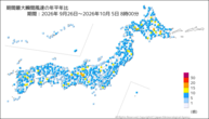 期間最大瞬間風速の年平年比の分布図