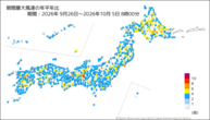 期間最大風速の年平年比の分布図