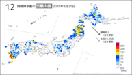 21日の12時間降水量の日最大値の分布図