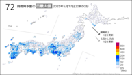 今日の72時間降水量の日最大値の分布図