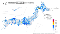 昨日の72時間降水量の日最大値の分布図