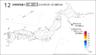 1日の12時間降雪量の日最大値の分布図