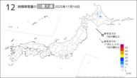 昨日の12時間降雪量の日最大値の分布図