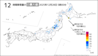 今日の12時間降雪量の日最大値の分布図