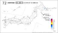 1日の72時間降雪量の日最大値の分布図