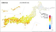 14日の最低気温の分布図