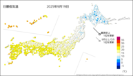 今日の最低気温の分布図