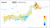 13日の最低気温平年差の分布図