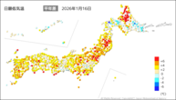16日の最低気温平年差の分布図