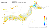 昨日の最低気温平年差の分布図