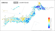 24日の最低気温平年差の分布図