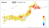 11日の最低気温平年差の分布図