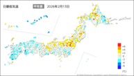 13日の最低気温平年差の分布図