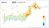 14日の最低気温平年差の分布図
