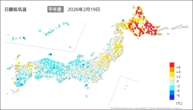 19日の最低気温平年差の分布図