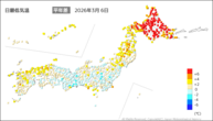 6日の最低気温平年差の分布図